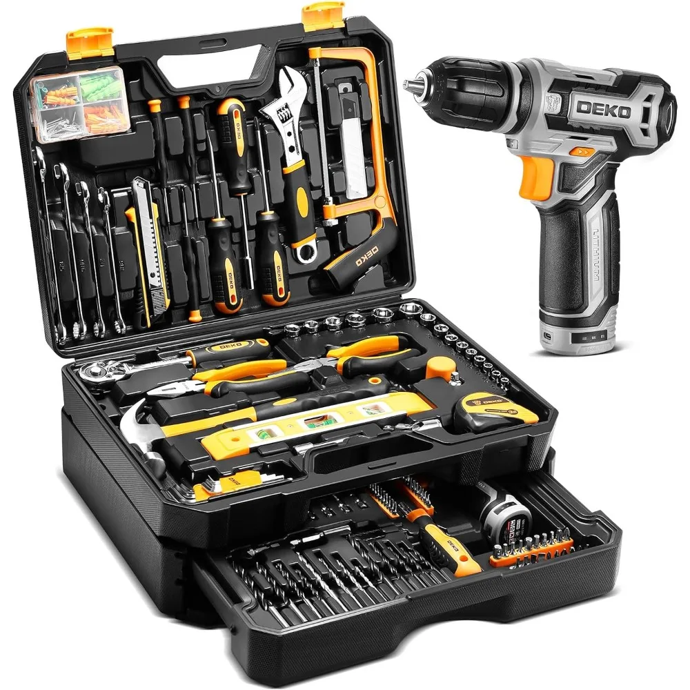 Tool Kit Box Drill Set：DEKOPRO Home Mechanic Toolbox with 12V Power Cordless Drill Hand Repair Tools Sets Combo Kits Storage Org