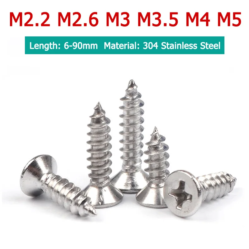 

10-100pcs M2.2 M2.6 M3 M3.5 M4 M5 KA Cross Phillips Countersunk Flat Head Screws 304 Stainless Steel Self-tapping Screw GB/T846