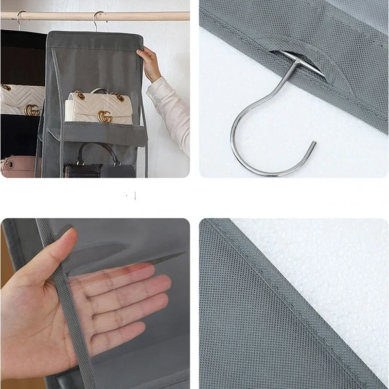 6 Pocket Hanging Handbag Organizer for Wardrobe Closet Transparent Storage Bag Door Wall Clear Sundry Bag with Hanger Pouc