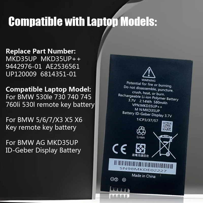 3.7V MKD35UP Remote LCD Key Battery For BMW 530le 730 740 745 760li X3 X4 X5 1ICP3/37/57 9442976-01 2.14Wh 580mAh High Quality