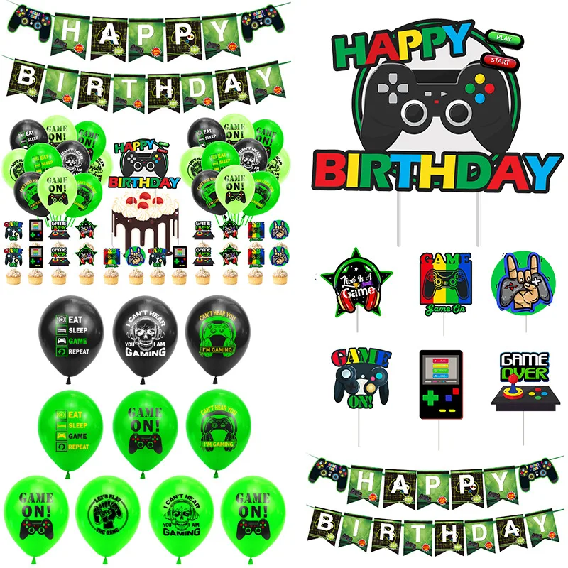 

Green Video Game Birthday Decorations Game Controller Banners Game On Balloons Kids Boys Happy Game Birthday Party Supplies