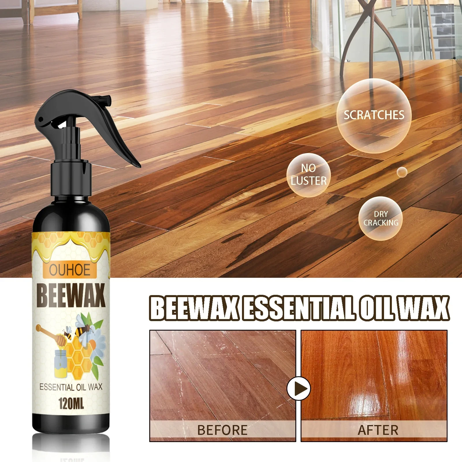 Natural Beeswax Spray Multi-purpose Waterproof Wear Resistant Furniture Polish for Wooden Floors Stain Scratches Repair Cleaning