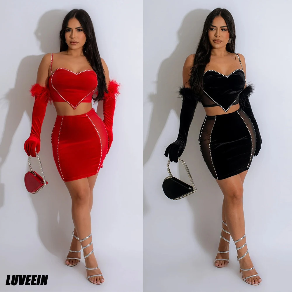 Sexy Rhinestone Dress 2 Piece Skirt Sets 2023 Luxury Evening Feather Dress Crop Elegant Tops Winter Sexy Two Piece Sets Outfit