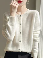 Women 100% Merino Wool Cardigan Soft O-Neck Cashmere Sweater OL Buttoned Knitwear Casual Top Clothing Korean Style