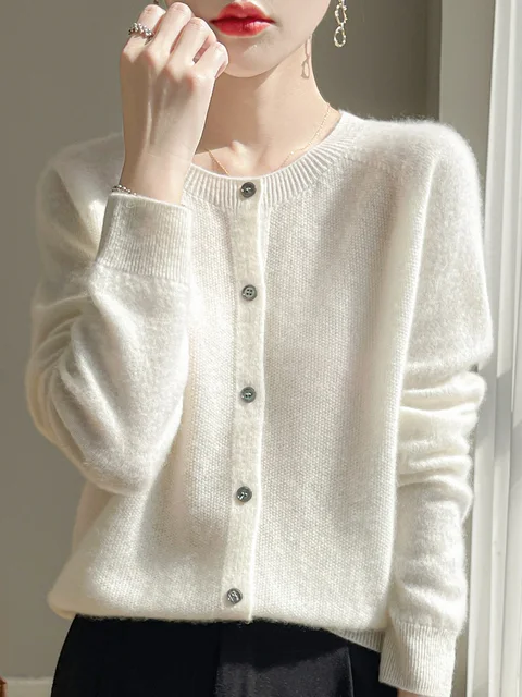 Women 100% Merino Wool Cardigan Soft O-Neck Cashmere Sweater OL Buttoned Knitwear Casual Top Clothing Korean Style