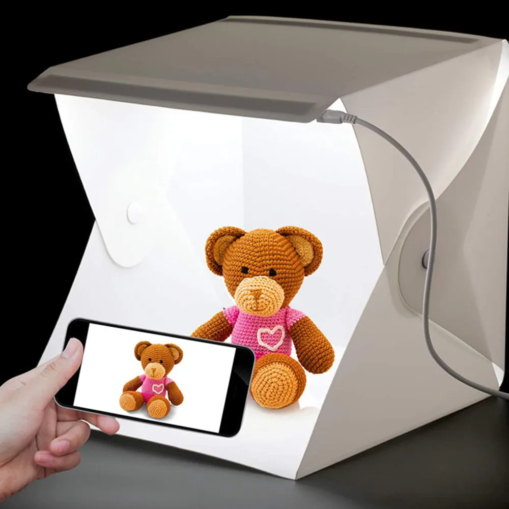 Mini Desktop Studio 20cm 5600k Double LED Lights Softbox Portable Folding Light Box Photo Props Six Colors Background Cloth