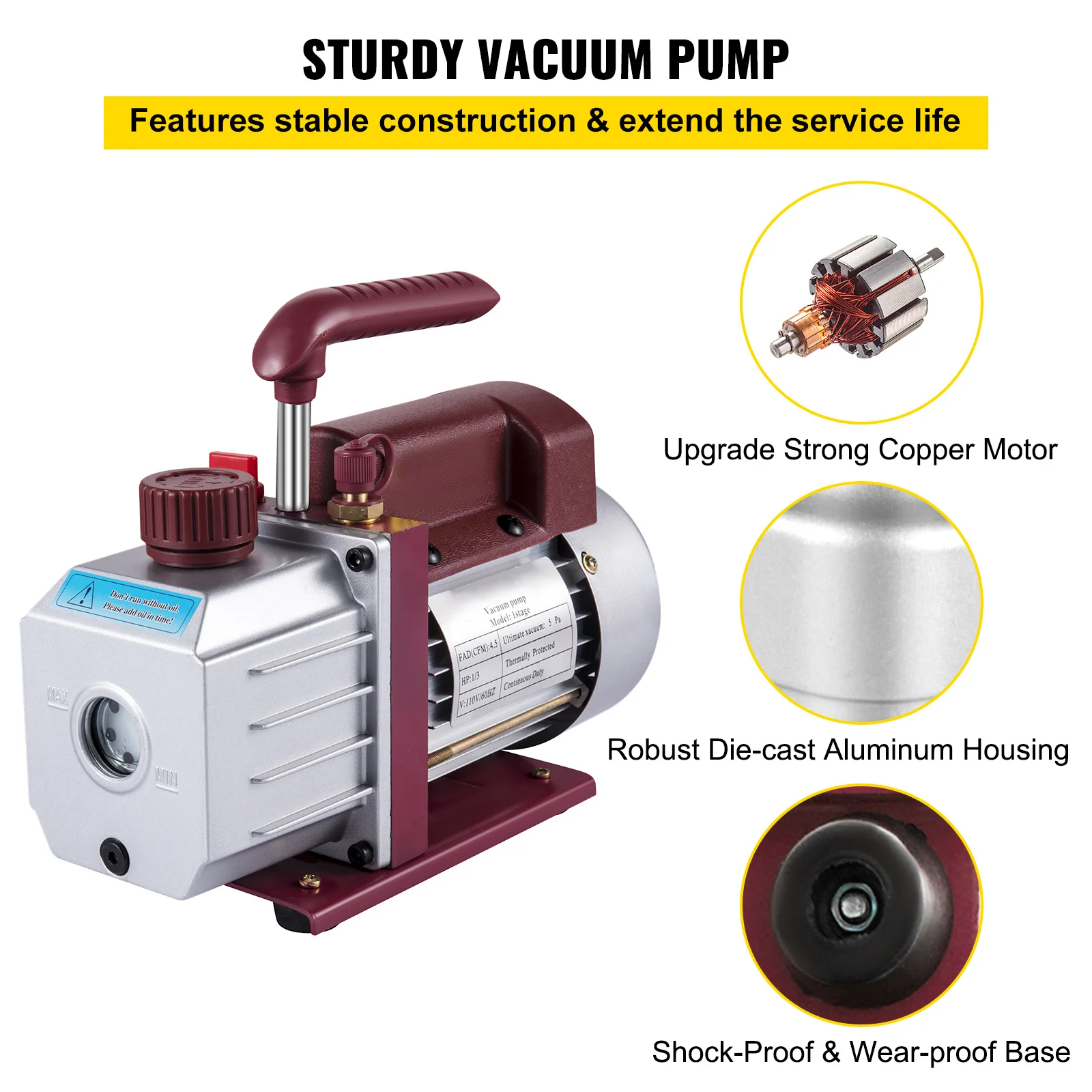SucceBuy 4.5CFM 1/3HP  HVAC Refrigerant Vacuum Pump Refrigeration Single-Stage Set for Household Air Conditioning Vacuum Packing