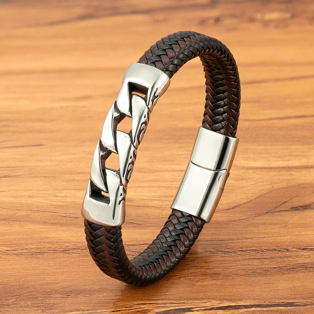 TYO Herren-Armbänder aus Edelstahl, Gold und Stahl, echtes Ledermaterial, Nischen- und minimalistisches Design, Geschenk für Männer
