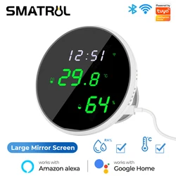 Tuya Wifi Temperature Humidity Sensor Mirror Screen LED Digital Display Indoor Alarm Push Hygrometer Usb Alexa Google Home