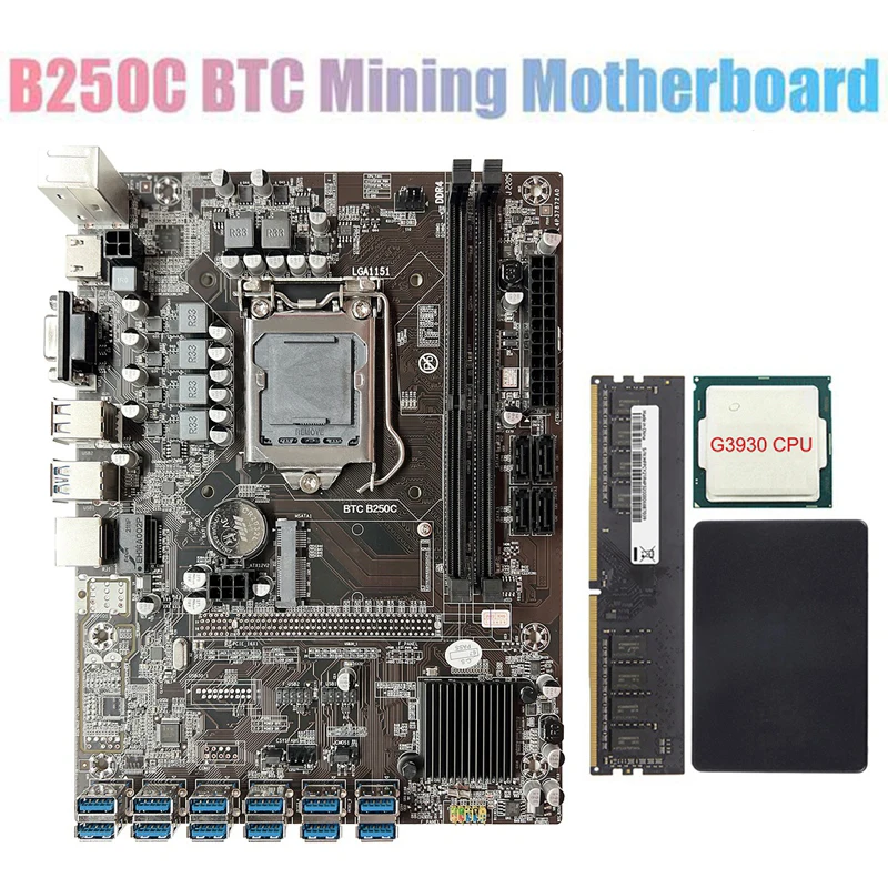 best chipset for gaming pc B250C Mining Motherboard with G3930 CPU+SATA SSD 128G+DDR4 8G 2666Mhz RAM 12XPCIE to USB3.0 Graphics Card Slot for BTC cheapest motherboard for pc