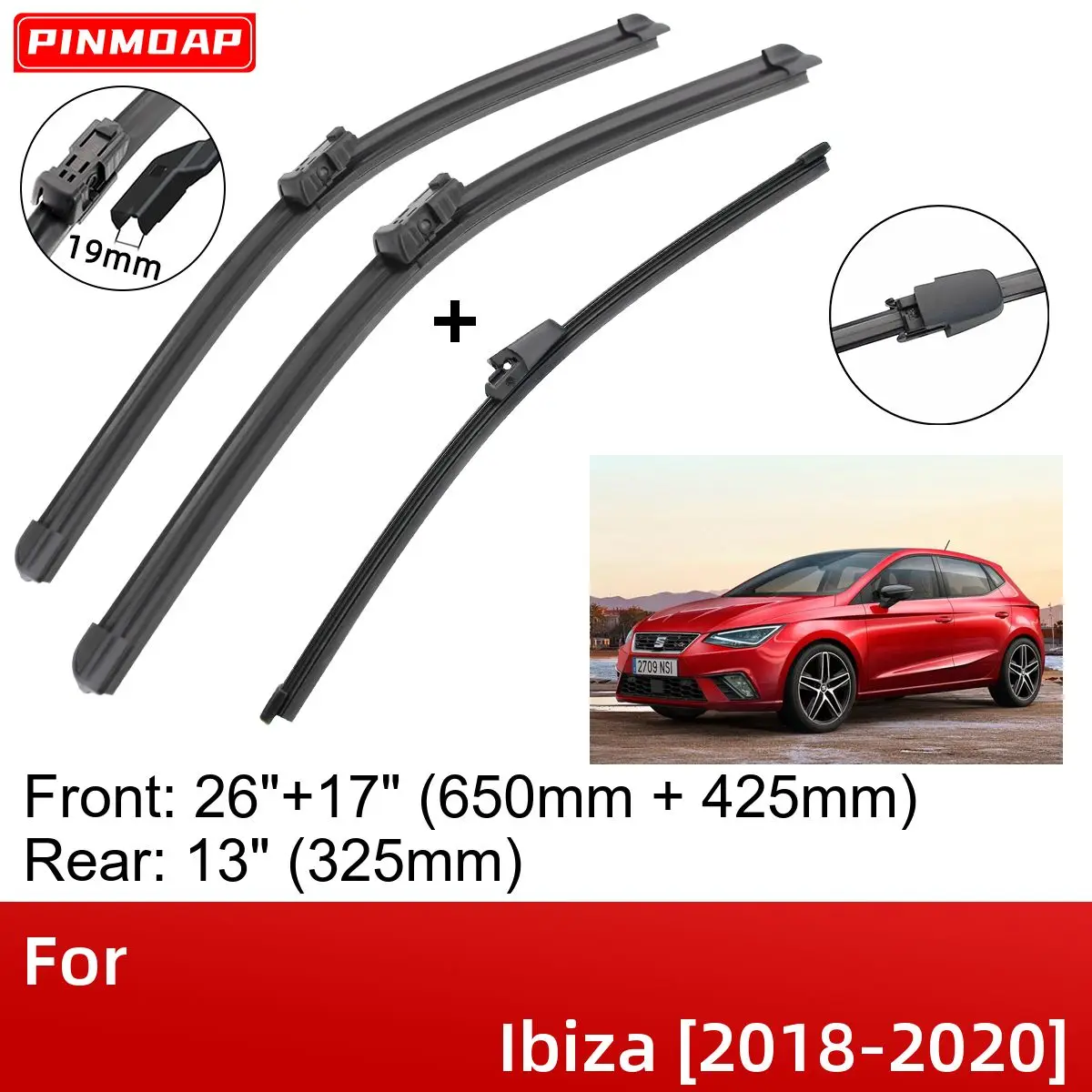 For Seat 20182020 26"+17"+13" Front Rear Wiper Blades Brushes