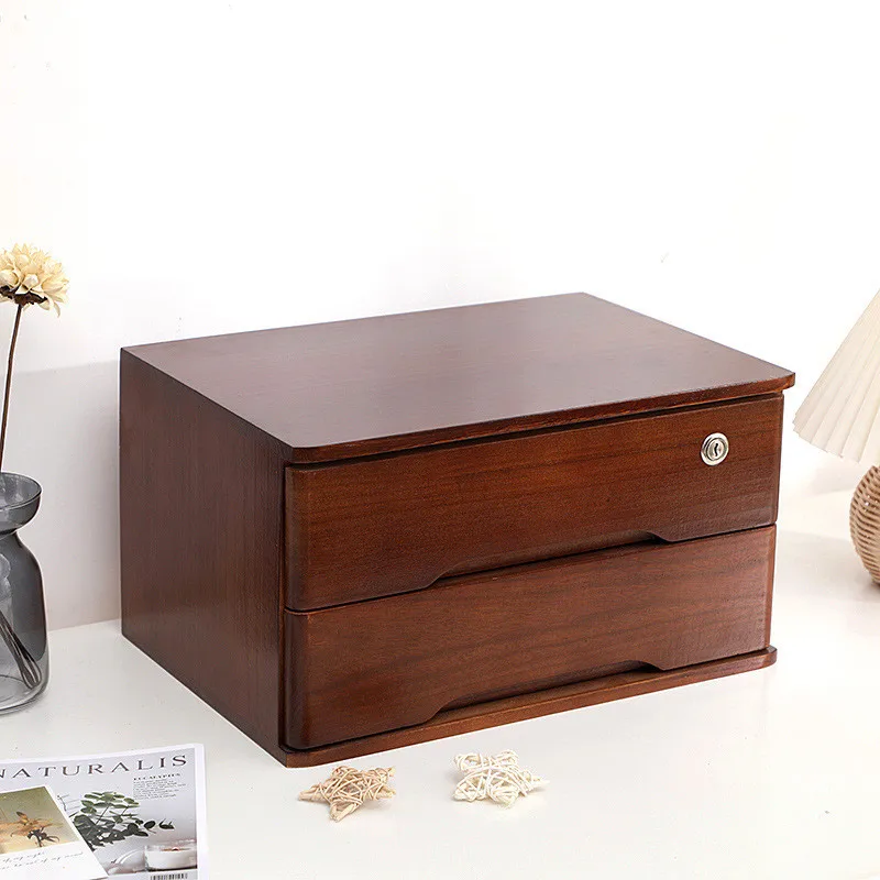 Wooden Desktop Storage Box with Lockable Drawers