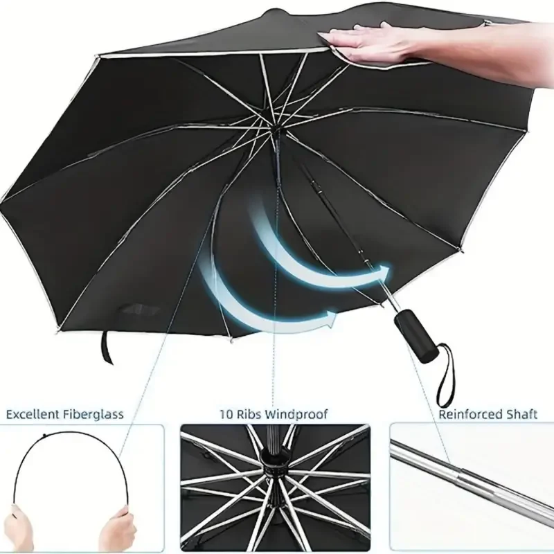 Umbrella Windproof Travel Umbrella 10 Ribs Windproof Compact Lightweight Mini Inverted Folding Reverse Strong Portable Car B