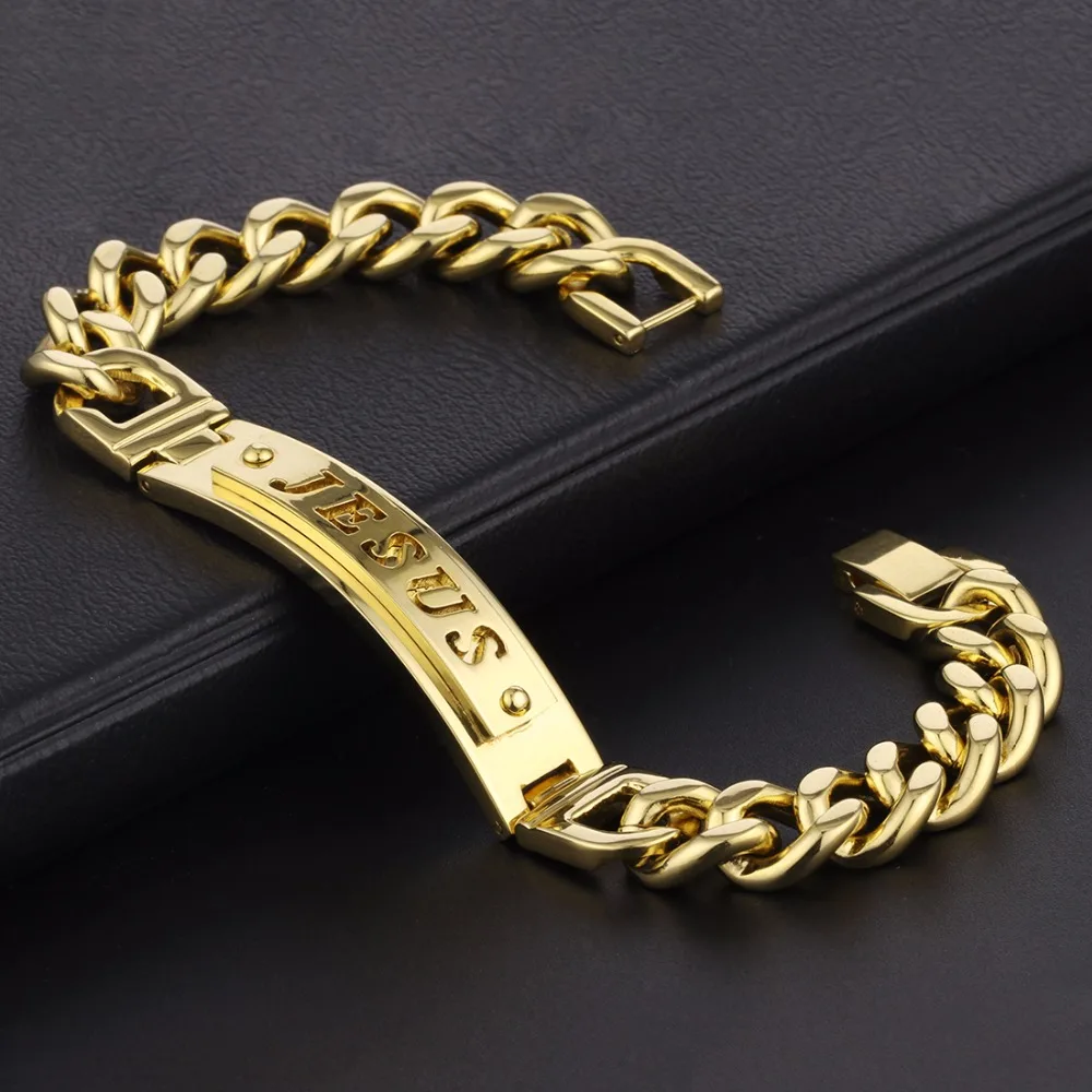 Men's Silver Stainless Steel Jesus Link Chain Bracelet
