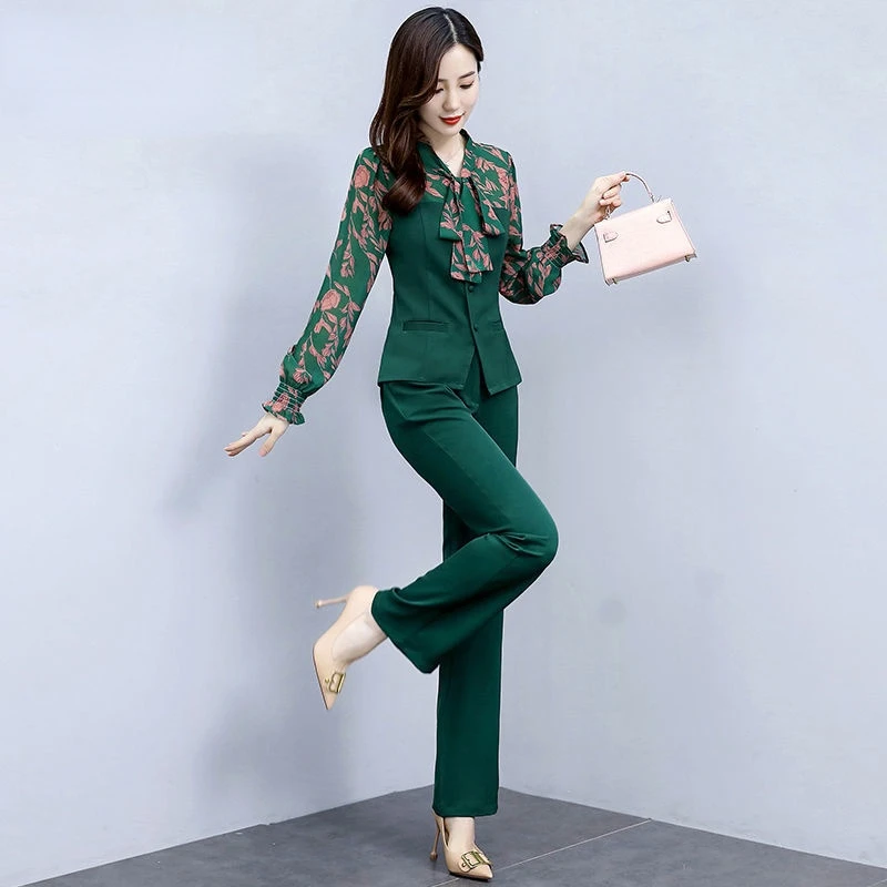 Женский офисный комплект из топа и брюк двух предметов с длинным рукавом принтом