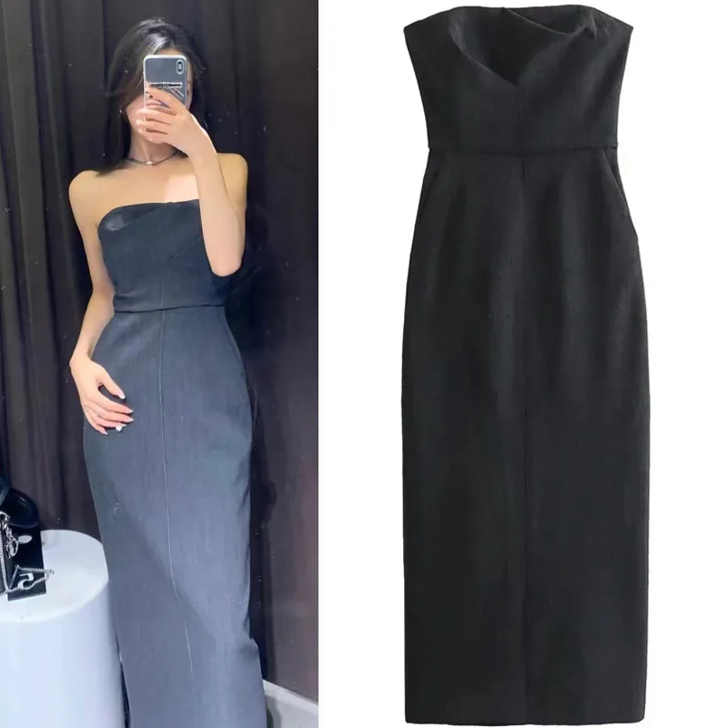 

TRAF Sexy Strapless Women's Dress Parties Straight Neck Sleeveless Fitted Midi Dresses Prom Pockets Slit At Hem Zipper Vestidos