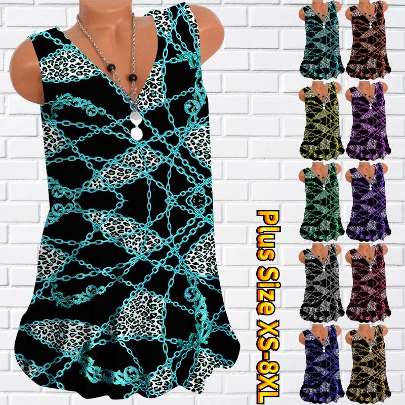 

2023 Women's V-neck New Design Printed Party Dress Vintage Elegant Loose Sleeveless Dress Summer Regular Knee-length Skirt