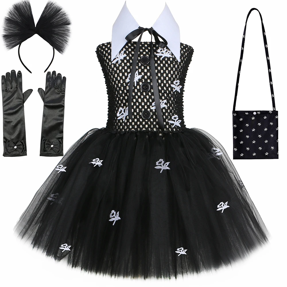 

Black Wedneday Halloween Costumes for Girls Kids Carnival Party Fancy Dress School Girl Addams Cosplay Tutus Outfit with Florals