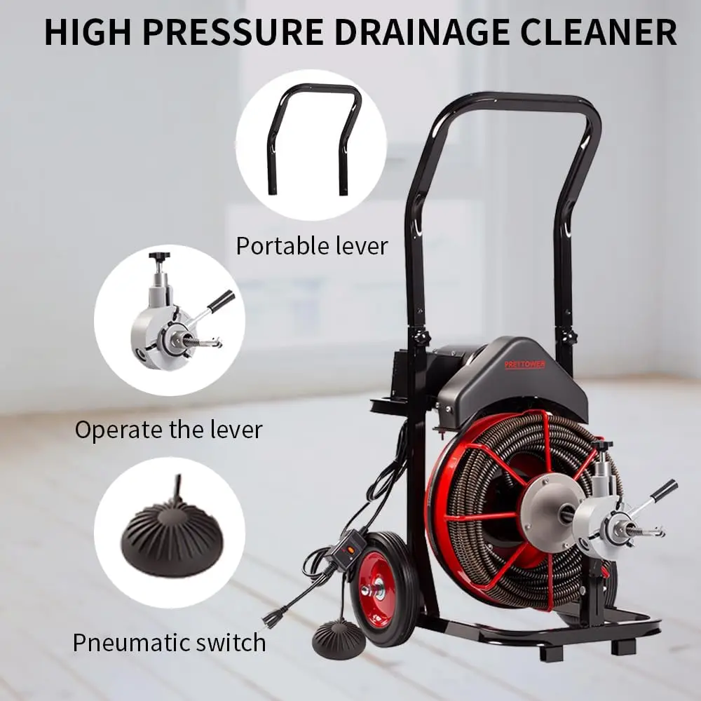 100FT x 1/2 inch Electric Drain Washer, Sewer Spiral Automatic Feed Portable Sewer Snake, Automatic Feed Drain