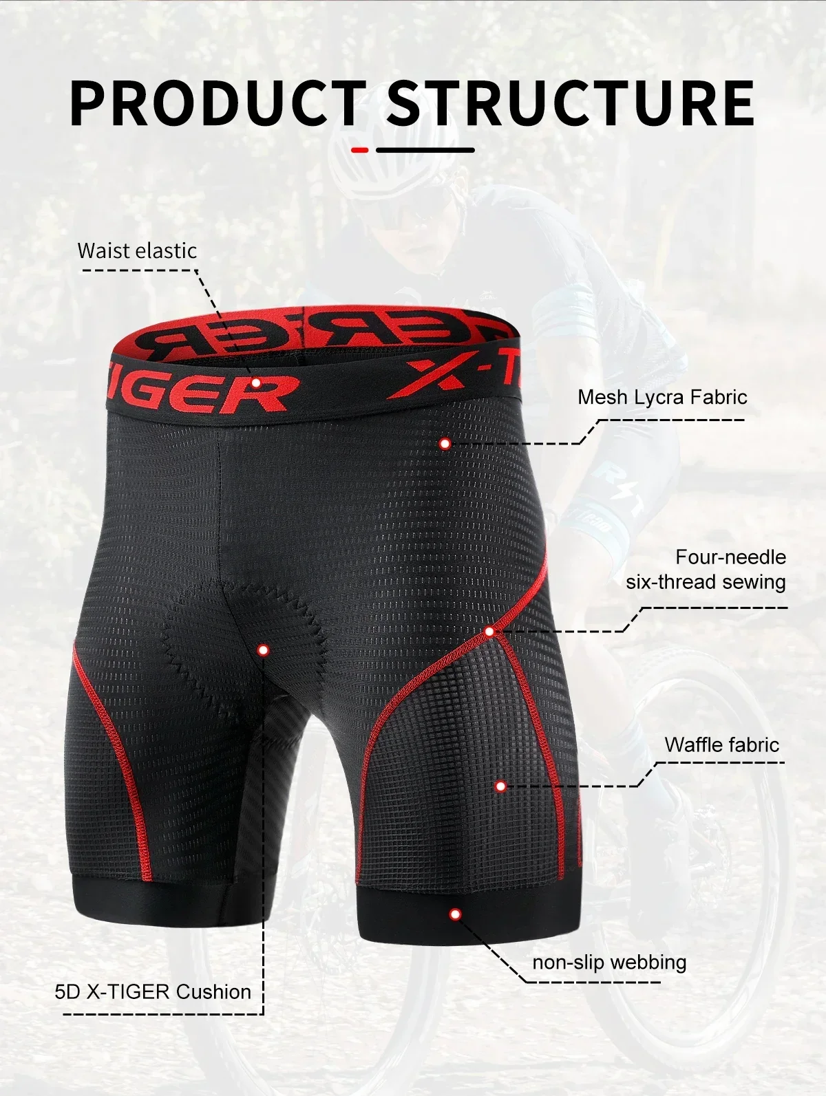X-TIGER Fahrrad-Rennshorts mit Gel-Polsterung, atmungsaktiv, bequem, Herren-Shorts, lässige Außenhose, MTB-Rennrad-Rennshorts – Detail 5
