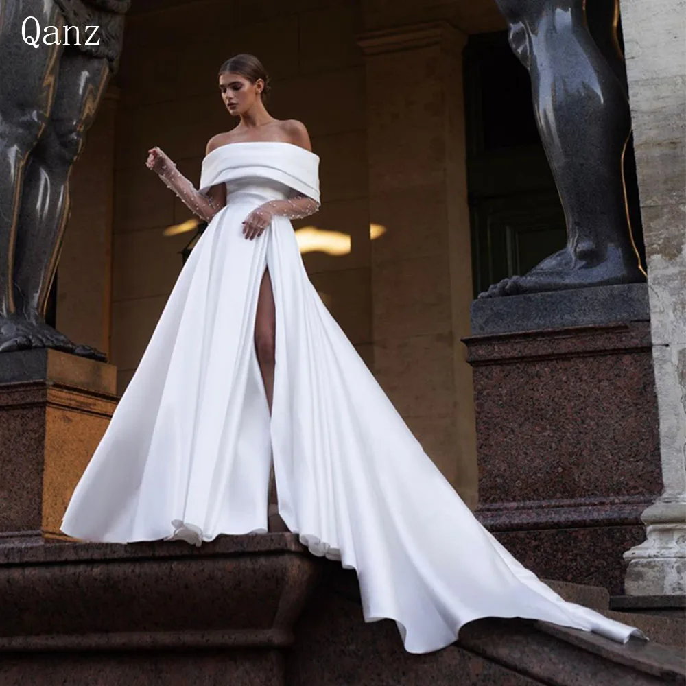 

Qanz Off The Shoulder Satin Wedding Gown With Tulle Sleeves Pearls Beach Wedding Dress High Slit Bride Dress Vestido De Noiva