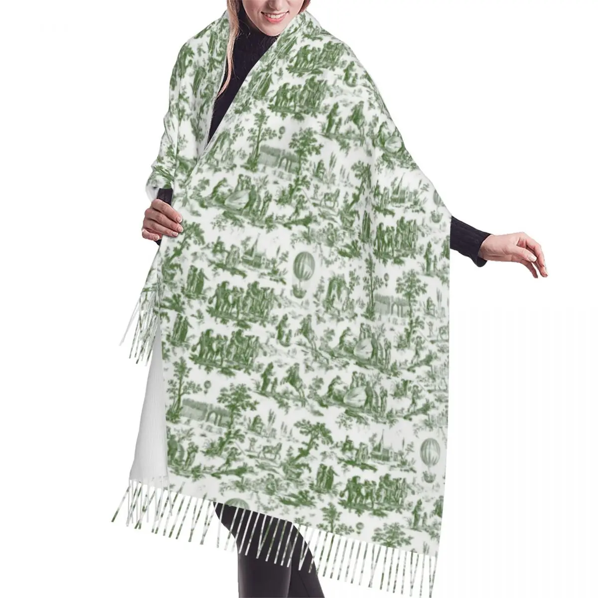 Custom-French-Toile-De-Jouy-Ballon-De-Gonesse-Scarf-Wrap-Women-Long-Winter-Fall-Warm-Tassel