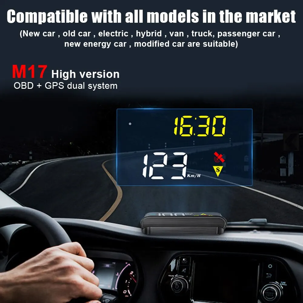 HUD OBD GPS 헤드업 디스플레이, 듀얼 시스템 앞 유리 속도 프로젝터, RPM 수온 과속 경보, 3.5 인치, M17