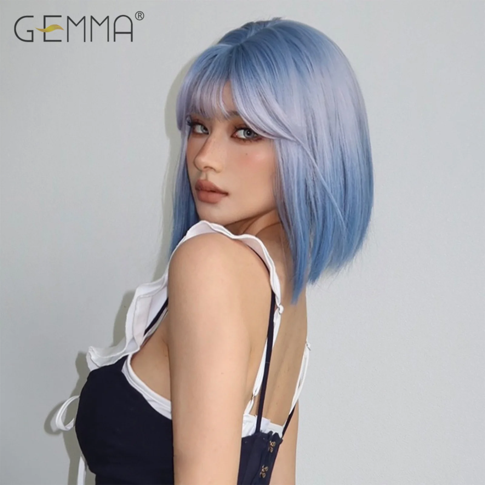 Synthetic Long Straight Black Ombre Light Blue Wig for Women High