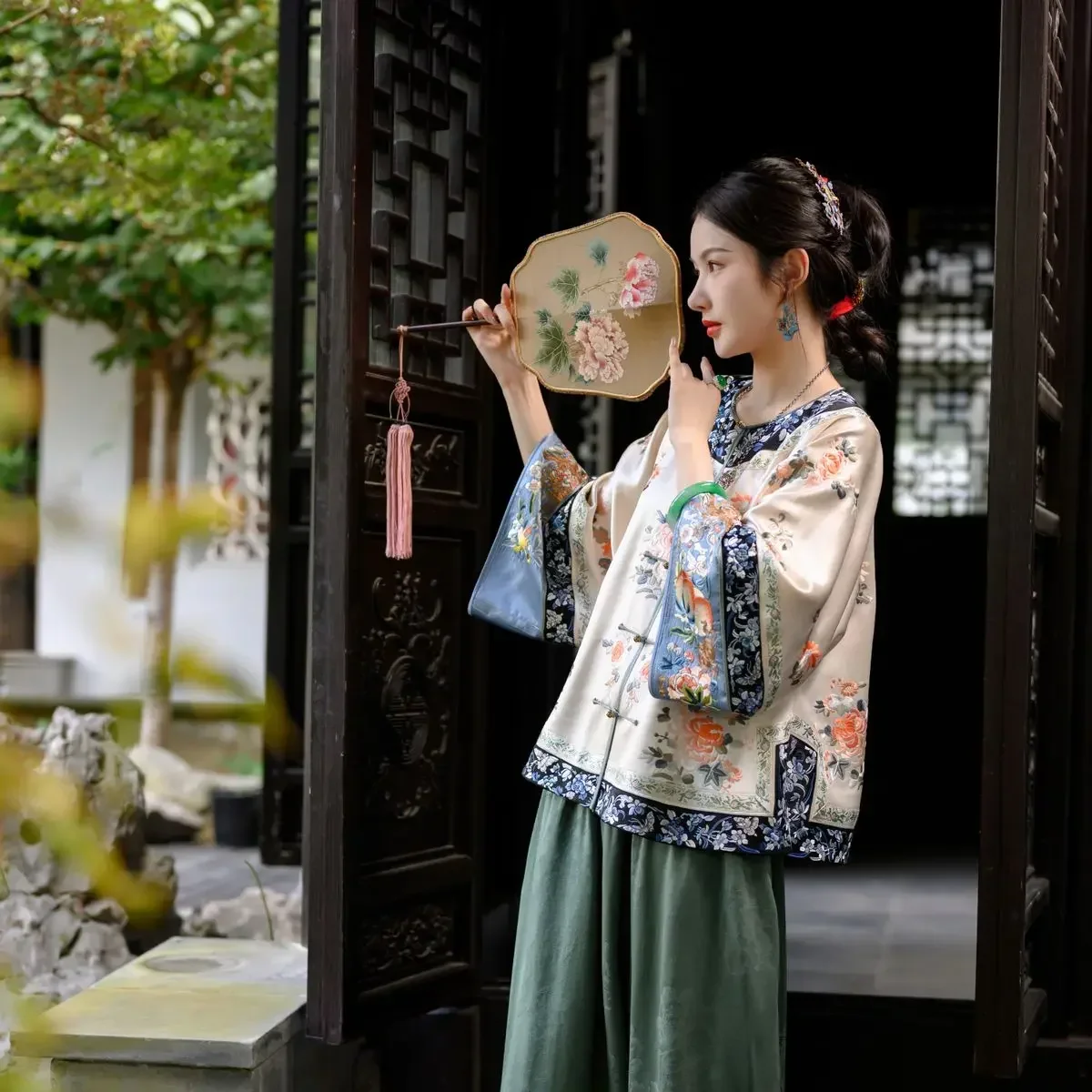 Women Chinese Shirt Women Satin Blouse Spring Autumn Fashion Satin Apricot Round Neck Printed Tang Suit Top Traditional Chinese Qing Dynasty Top