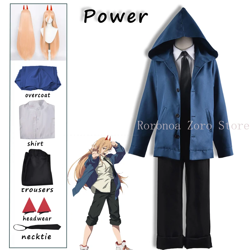 

Power Cosplay Anime Chainsaw Man Costume Wig Blue Jacket Uniform Outfit Hairpins Blood Fiend Devil Makima Denji Halloween Wome