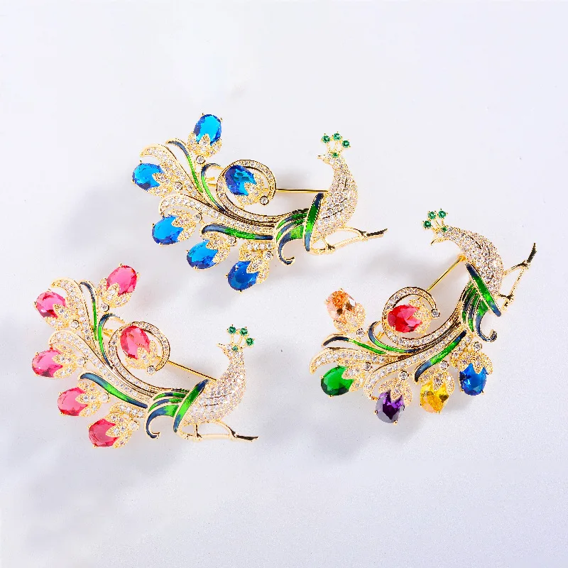 OKILY Delicate Colorful Zircon Peacock Brooches Elegant Enamel Animal Bird Pin and Brooch for Woman Accessories Trendy Jewelry