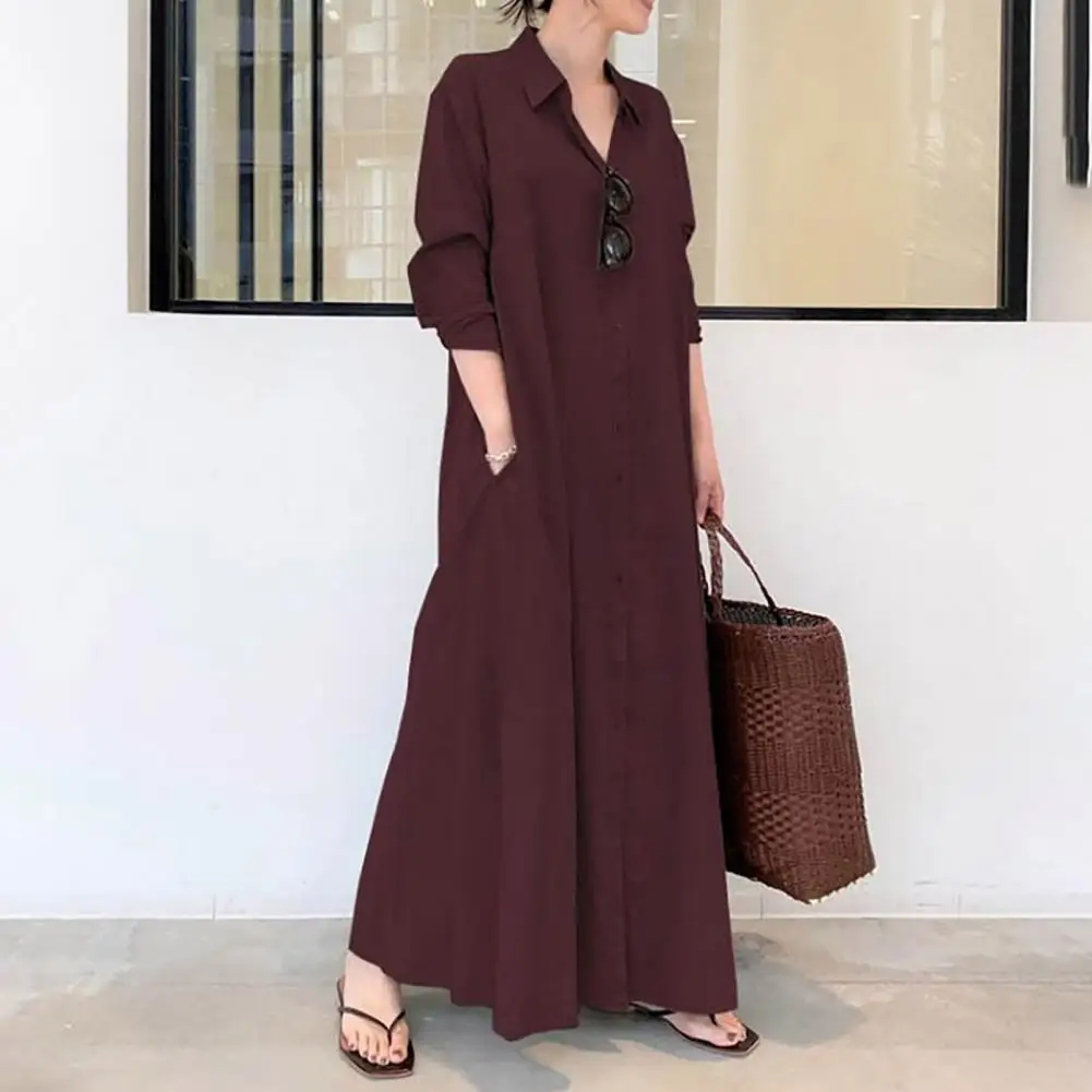 

Maxi Dress with Side Pockets Elegant Button-up Maxi Dress with Pockets Women's Spring Shirt Dress with Turn-down Collar Long