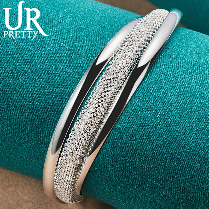 URPRETTY 925 Sterling Silver Large Network Adjustable Bangle Bracelet For Women Wedding Engagement Party Jewelry