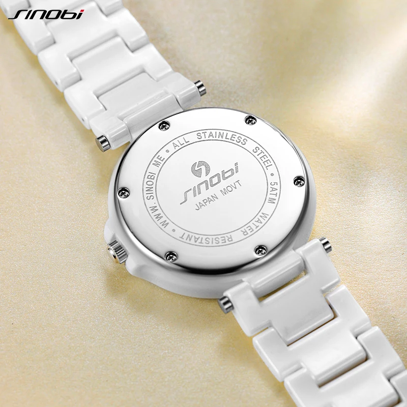 SINOBI High Quality Woman's Watches Fashion Real Ceramic Ladies Gifts Watch White Diamond Womens Quartz Wristwatches Reloj Mujer
