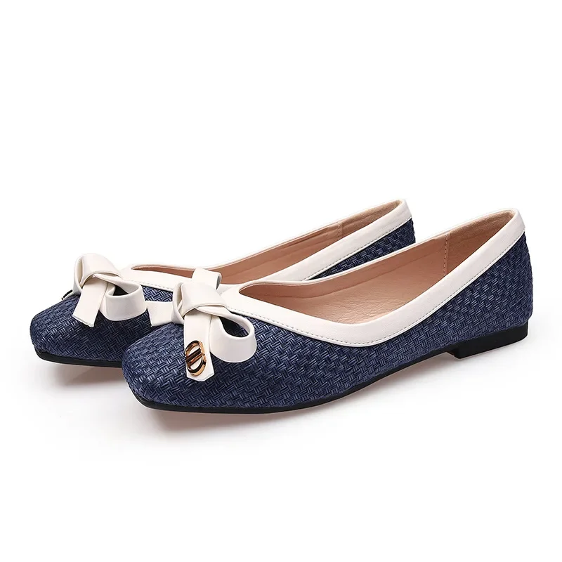 Women's Shoes Spring and Summer 2025 New Fashion Woven Bow Square Toe Flat Shoes Soft Soles Large Casual Ballet Shoes 6