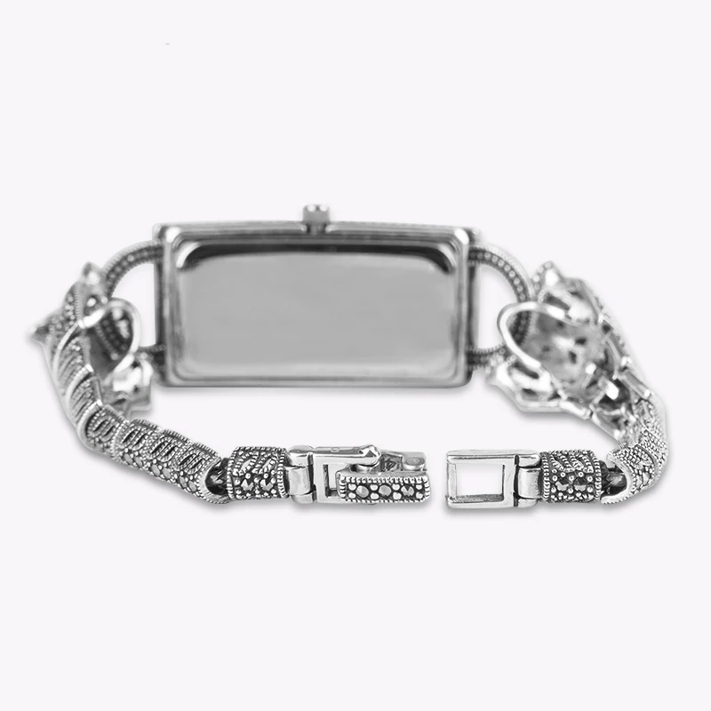 YYSUNNY Women's Vintage Rectangle Wrist Watch S925 Sterling Silver Two Leopards Bracelet Fashion Jewelry Birthday Party Gift