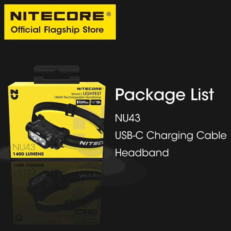 Nitecore-充電式ヘッドランプnu43,USB-Cルーメン,1400バッテリー,LED