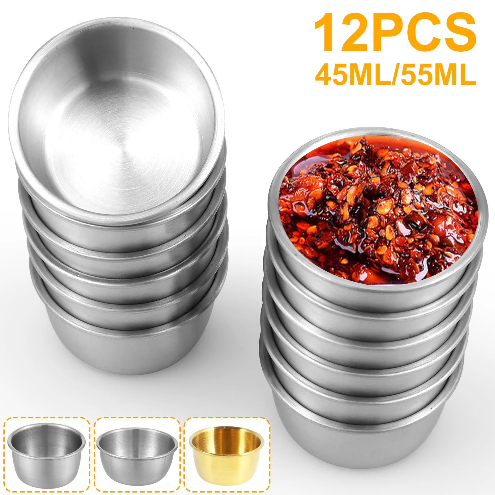 Set of 12 Stainless Steel Mini Sauce Dipping Bowls - Reusable Round Seasoning Cups