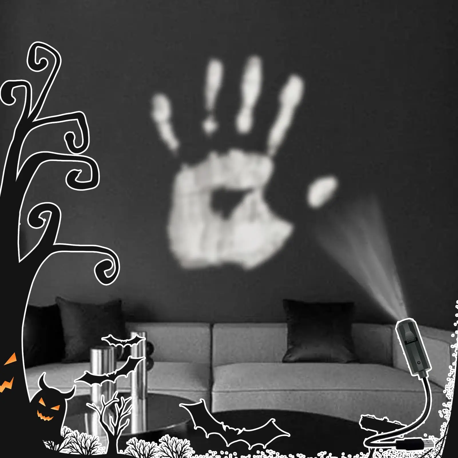 Halloween Skull Projector Lamp Magnetic 3 Modes Scary Handprint Grimace Skull Shaped LED Night Light USB Rotatable Projector