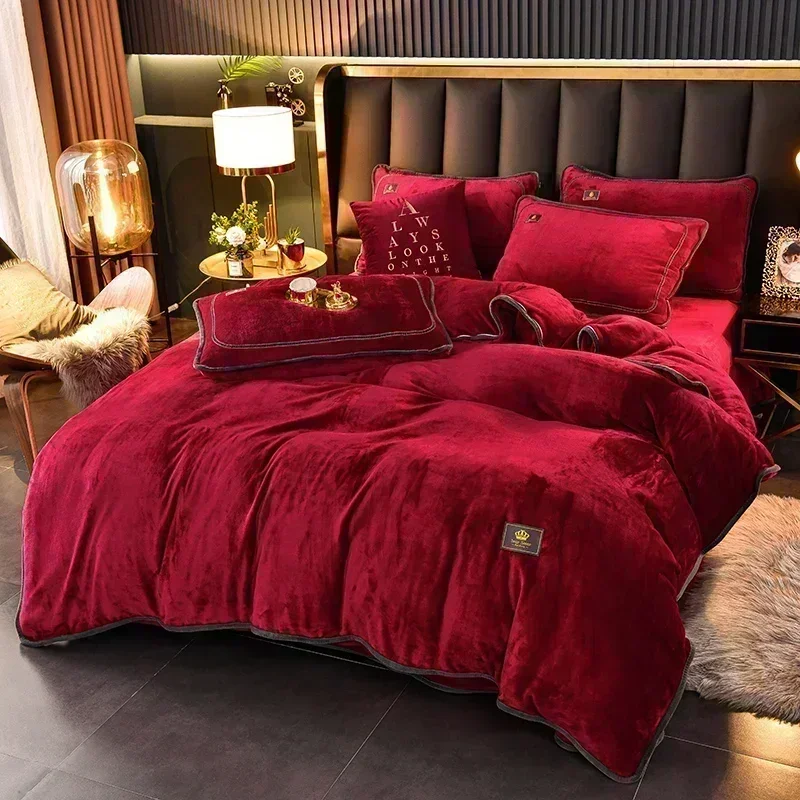 Milk Velvet Autumn Winter Warm Duvet Cover Set with Bed Sheet Quilt Cover and Pillowcases Warmth Cozy Bedding Set Queen High-end