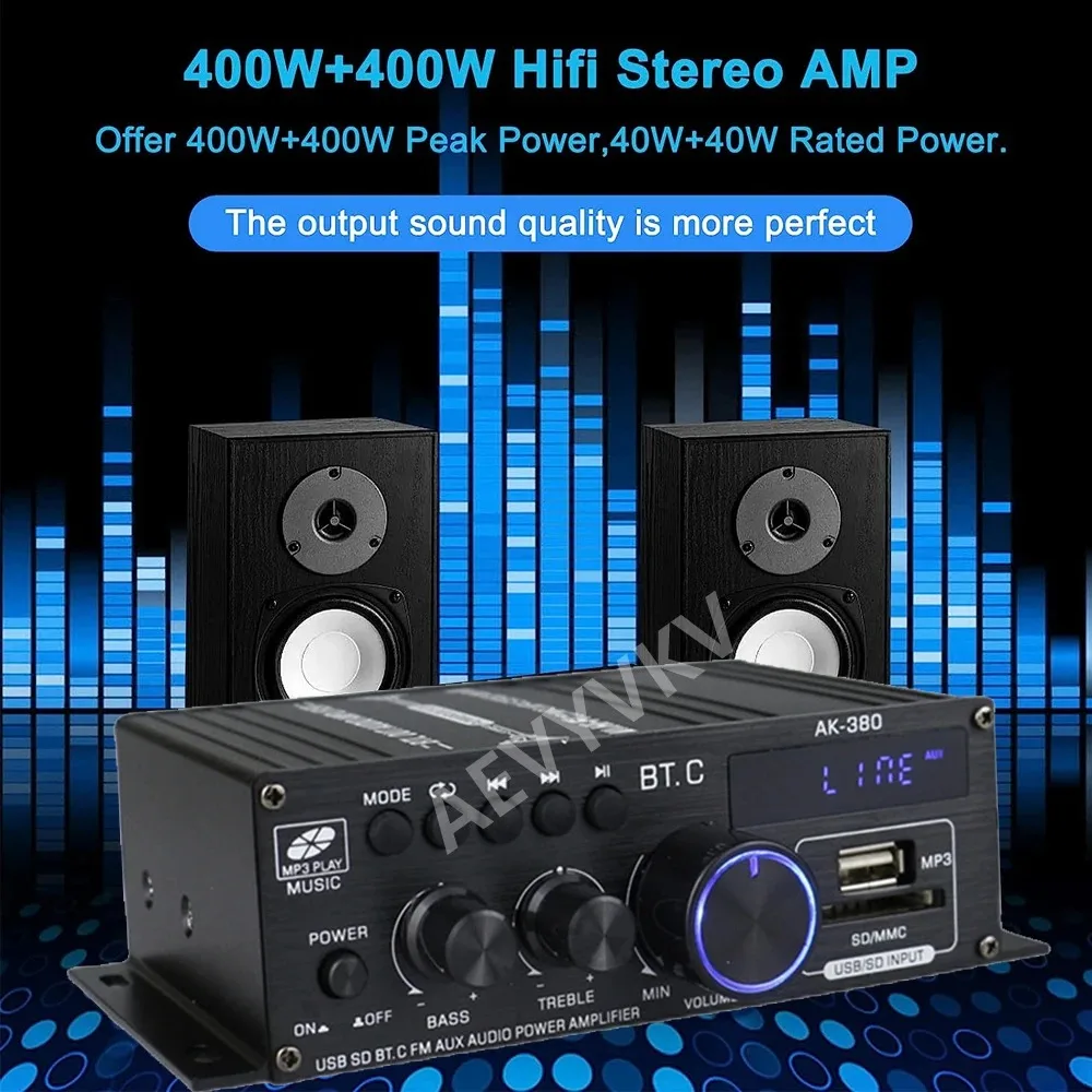 HIFI 블루투스 사운드 앰프 홈 디지털 오디오 앰프 채널, 음악 플레이어, 지지대 FM USB SD 베이스 및 트레블, AK380, 2.0, 40W + 40W