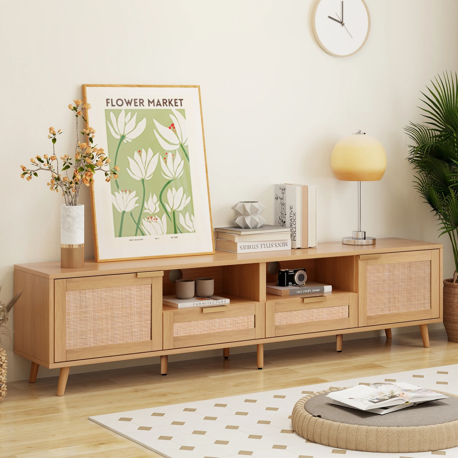 Rattan TV Stand for TVs up to 85'', Modern Farmhouse Media Console, Entertainment Center with Solid Wood Legs, TV Cabinet for Li 5