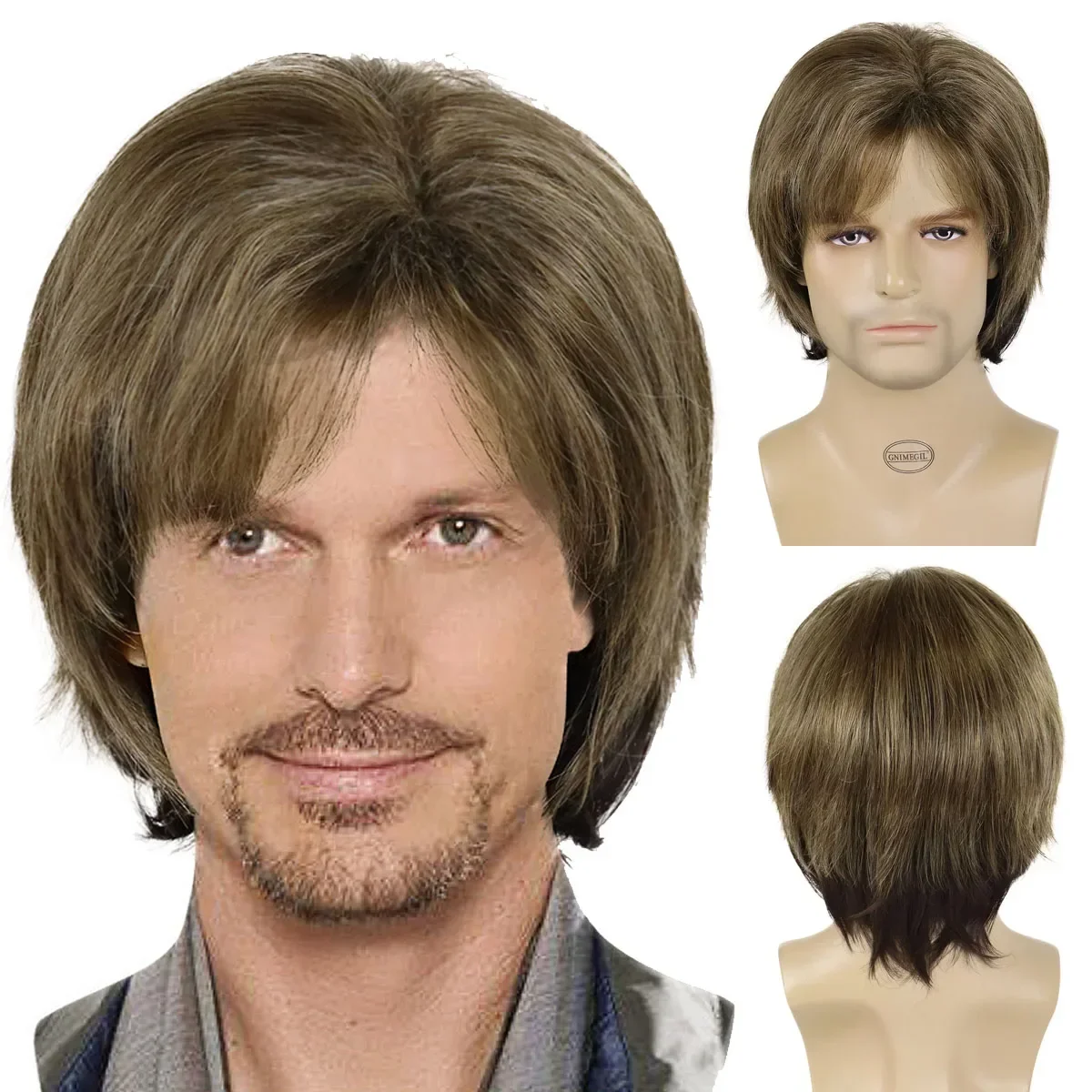 GNIMEGIL Synthetic Brown Wigs for Men Natural Short Straight Hair Breathable Adjustable Daily Man Wig with Bangs Cosplay Party