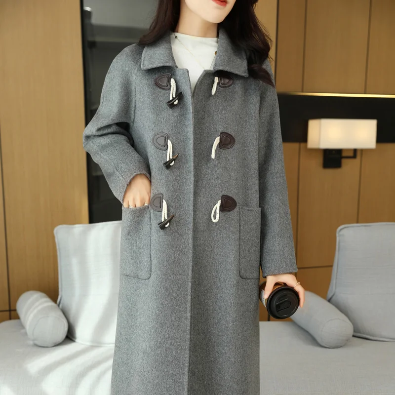 Autumn and Winter New Cow Horn Button 100% Pure Wool Double Sided Wool Coat Women's Doll Collar Mid Length Knee Length Wool Coat