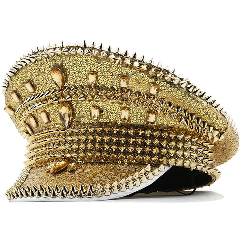 Women Men Steampunk Military Hat With Gold Rivet Queen Sequin Burning Captain Sergeant Hat Rave Festival Bachelorette Part Sailor Hat Women Hats Women Military Hat Mens Hat