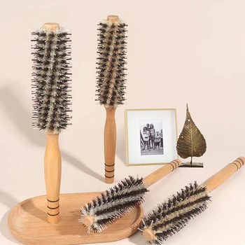 Spazzola per capelli in legno con setole naturali di cinghiale, rotonda, per acconciature da barbiere e capelli ricci da donna