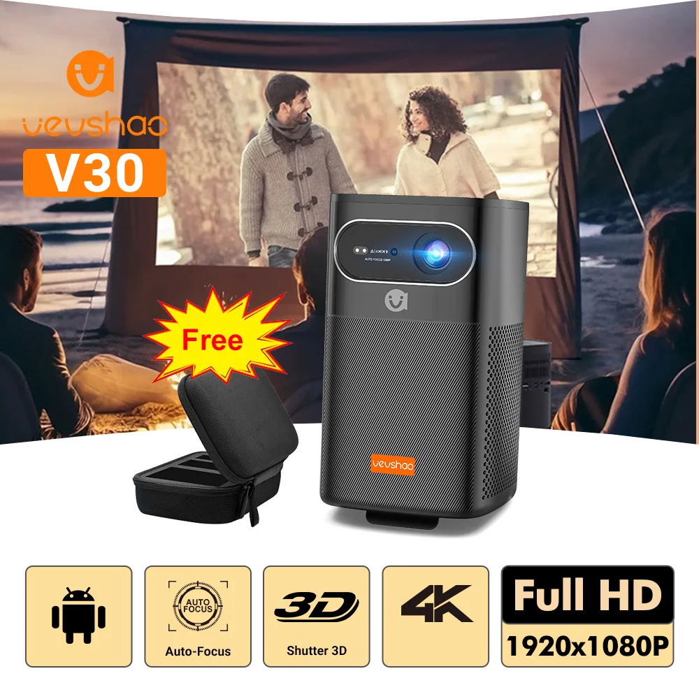 VEVSHAO proyector V30, proyector inteligente 3D 4K Android WiFi portátil 1080P LED DLP para cine en casa con batería de 15000 mAh