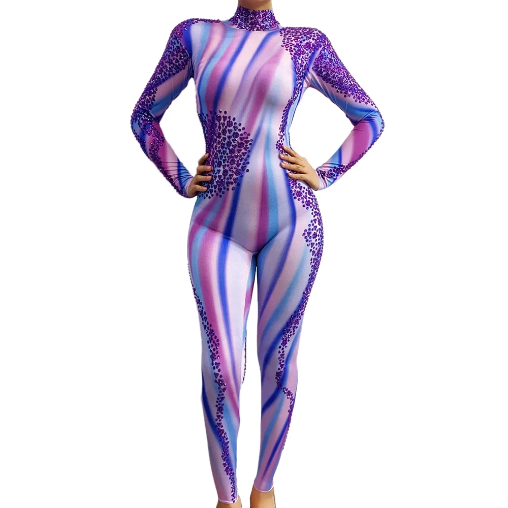 

Sparkly Purple Rhinestones Jumpsuit Women Party Birthday Outfits Dance Leotard Leggings Sexy Performance Show Stage Wear
