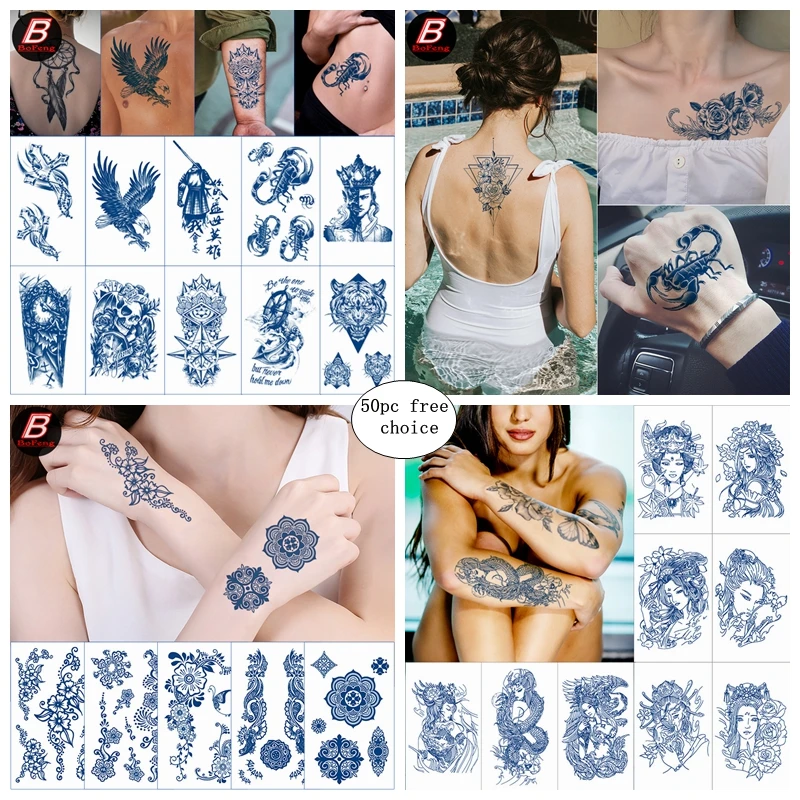 50pc/Set Herbal Juice Wholesale Temporary Tattoo Stickers 7-15 Days Waterproof Lasting Men Women Flower Arm Body Art Fake Tattoo juice ink tattoos body art lasting waterproof temporary tattoo sticker flower moon letter tattoo arm fake tattoo women men