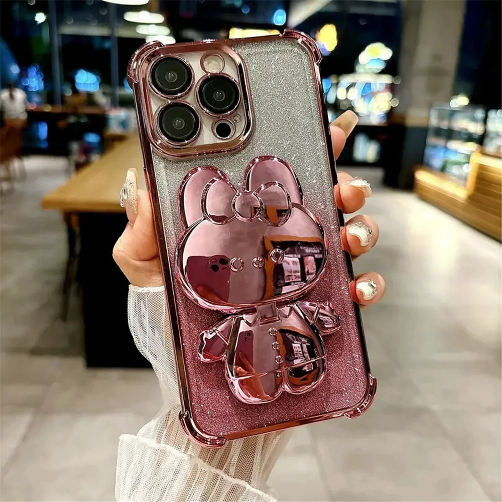 Shockproof Glitter Case with Invisible Makeup Mirror and Rabbit Stand Cover